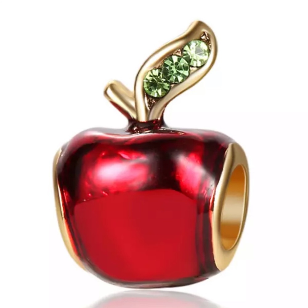 NEW•Gold & Red enamel Apple DIY charm w/green acnt